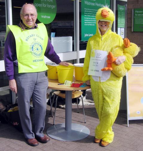 Rotarians George Proud and Eileen Robson selling tickets at Waitrose for the Duck Race